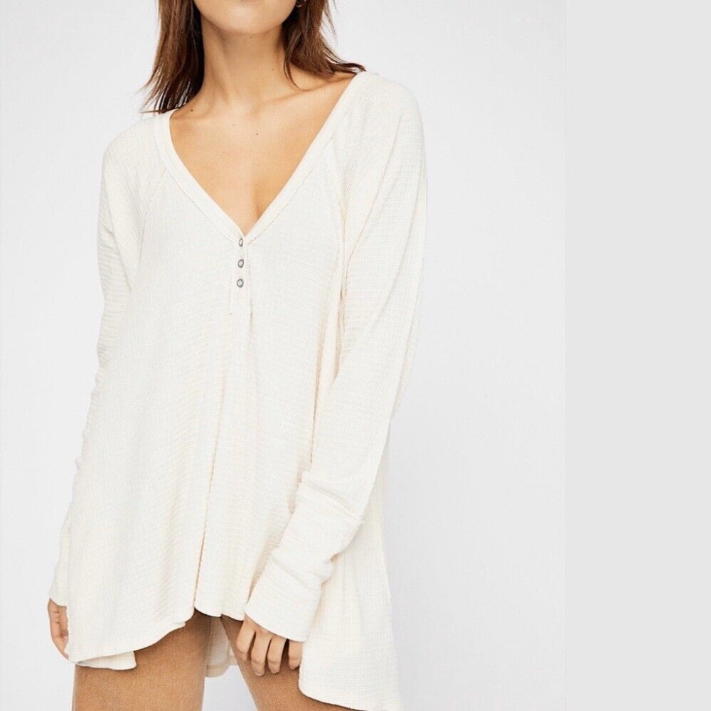 Free People We The Free Citrine Thermal Top Tee Small S Ecru $68 Oversized